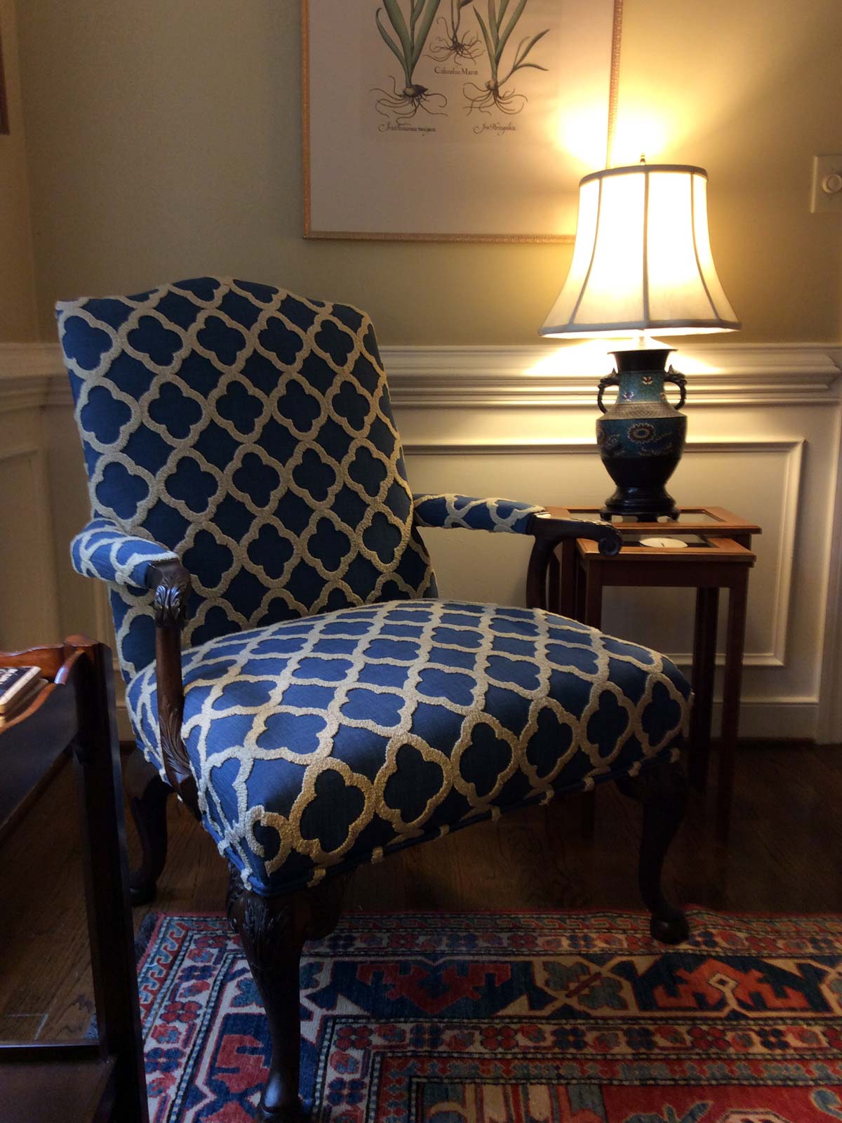 reupholstered antique chair specialty fabric